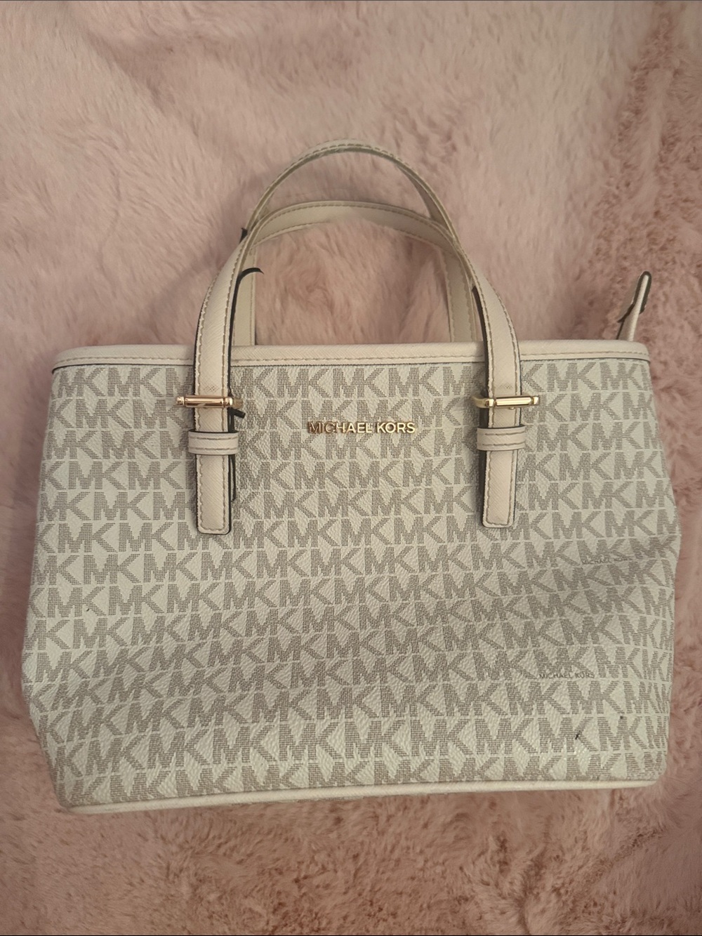 Michael Kors Beige and White MK Logo Satchel